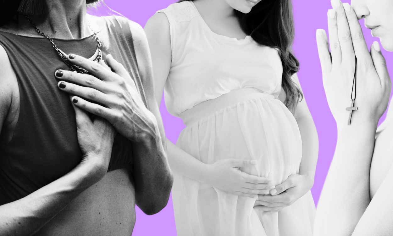 Eine Collage aus Bildern zeigt Frauen: Eine betet mit einer Kreuzkette in der Hand, eine legt schützend die gefalteten Hände auf den Brustkorb, eine umarmt den schwangeren Bauch.