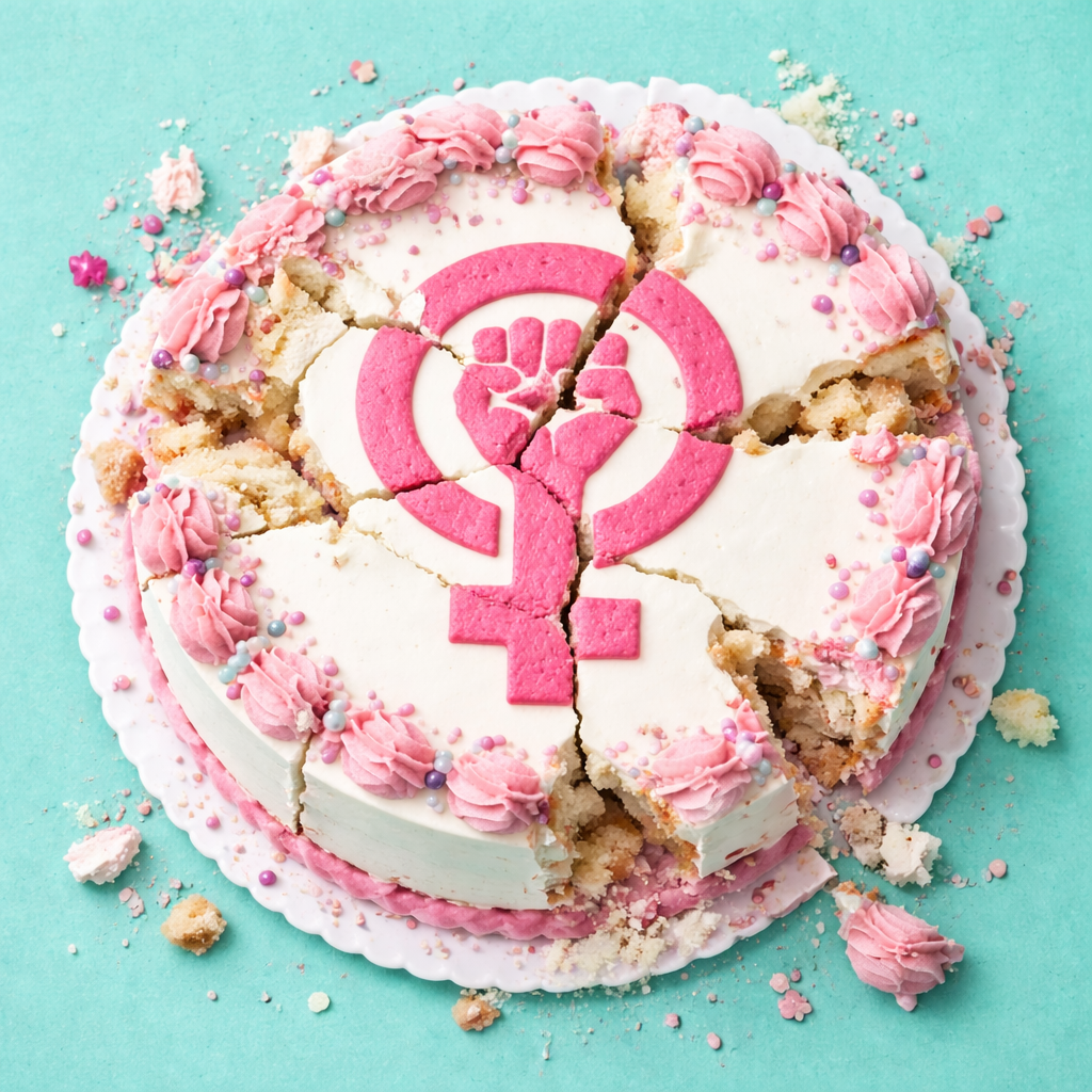 Zerbrochene Torte mit feministischem Symbol aus der Vogelperspektive auf türkisfarbenem Hintergrund; der Kuchen ist sichtbar eingedrückt und aufgerissen, mit verstreuten Krümeln und verschmierter rosa Glasur rundherum.