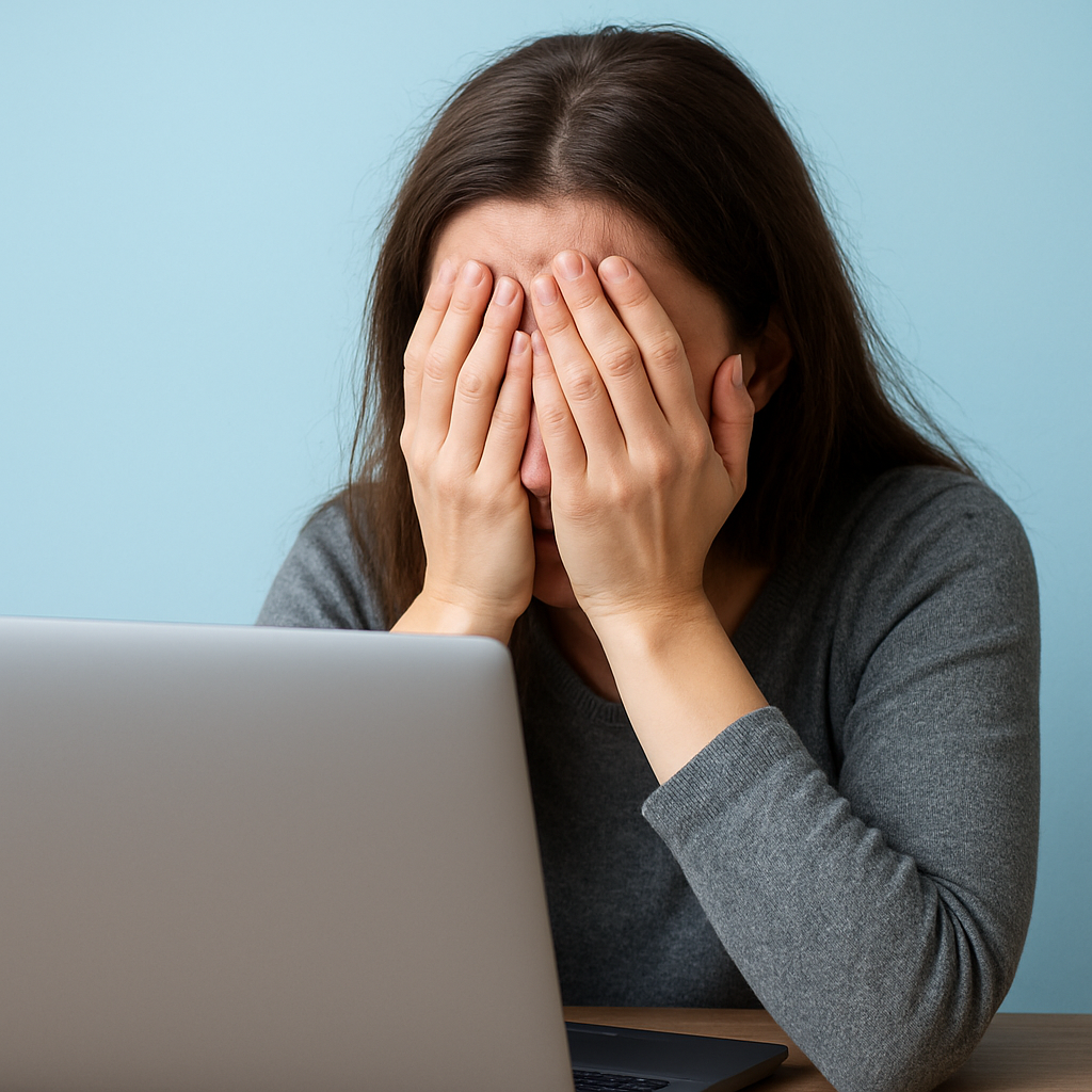 Eine Person mit langen Haaren sitzt vor einem Laptop und verdeckt die Augen mit den Händen.